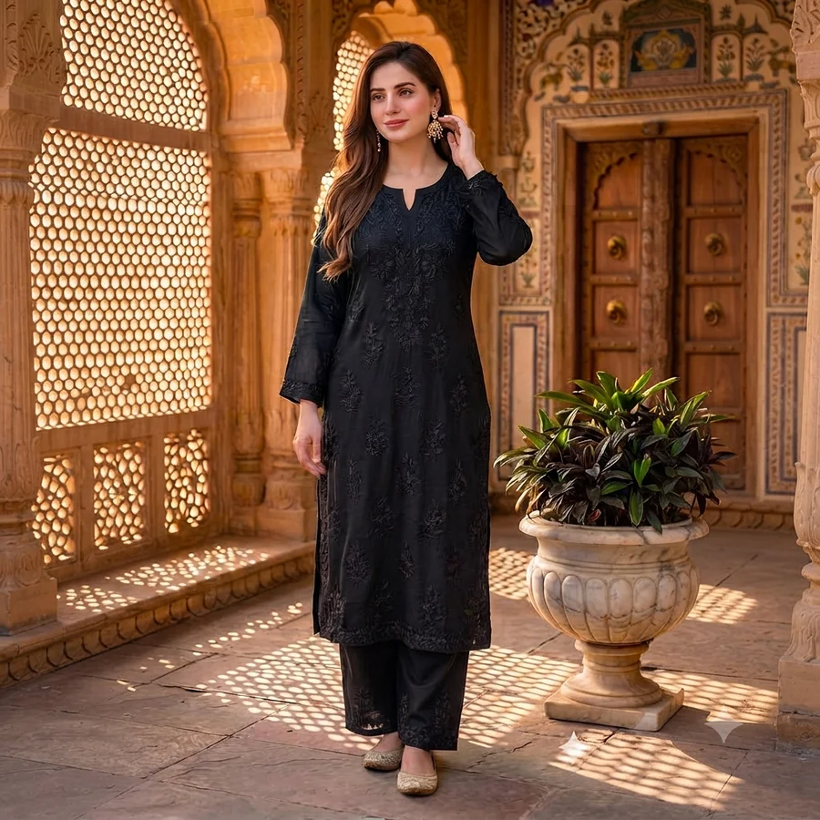 Black Heavy Rayon kurta Set on Matching Embroidery