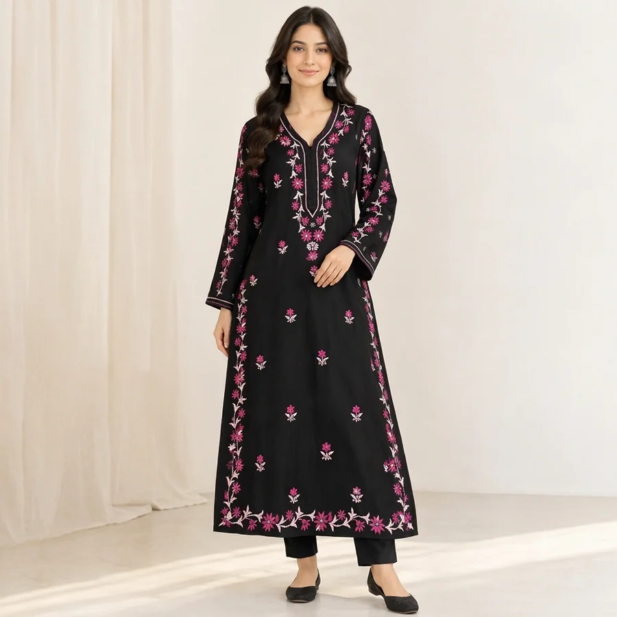 Black-Pink white Rayon sleeve patti kurta
