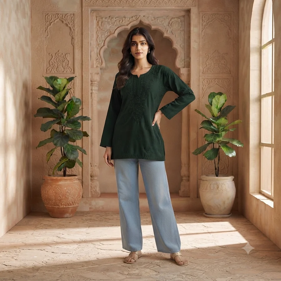 Teal Green Rayon Fabric Matching thread work Short Kurta