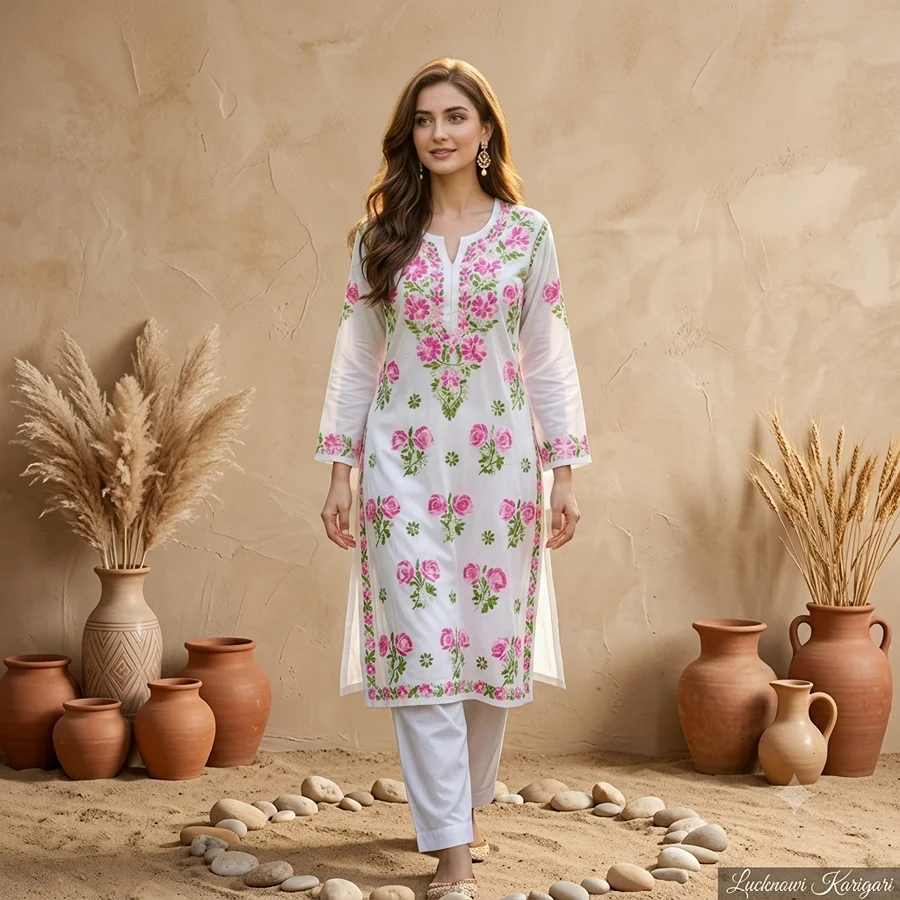 White-Pink Rose work Kurta