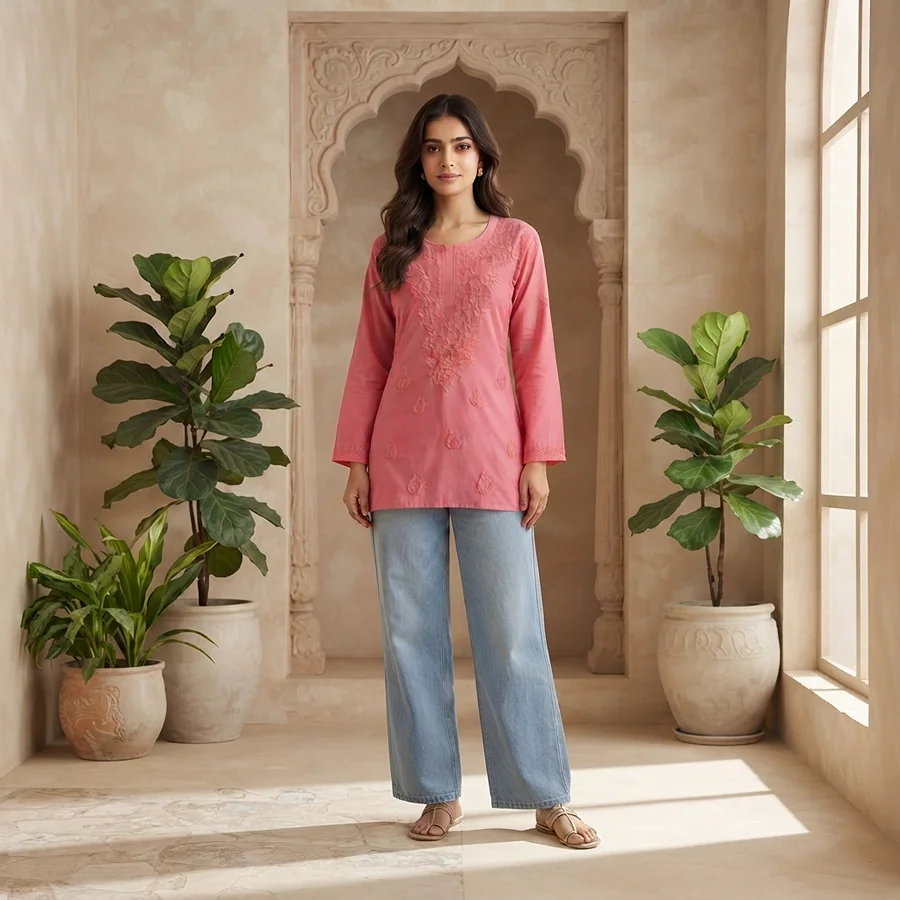 Peach Rayon Fabric Matching thread work Short Kurta
