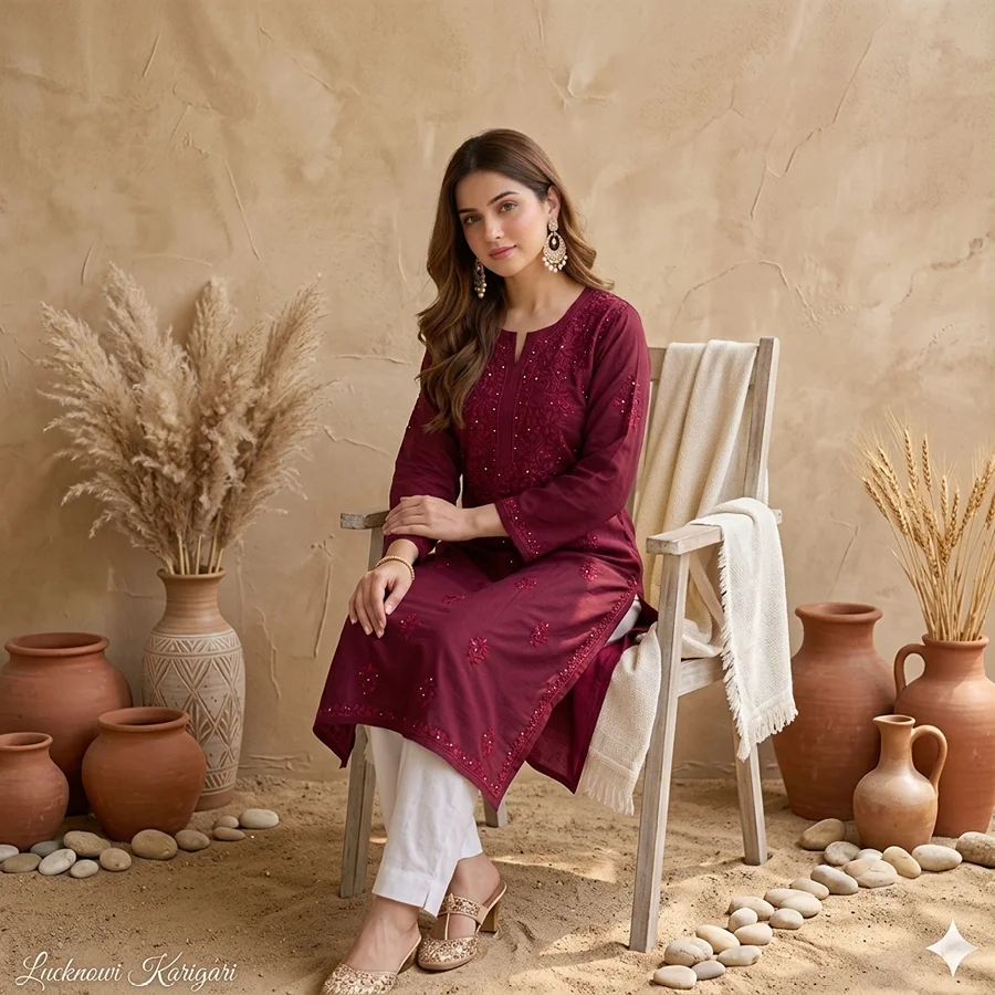 Maroon Long Kurta with Mukesh Work