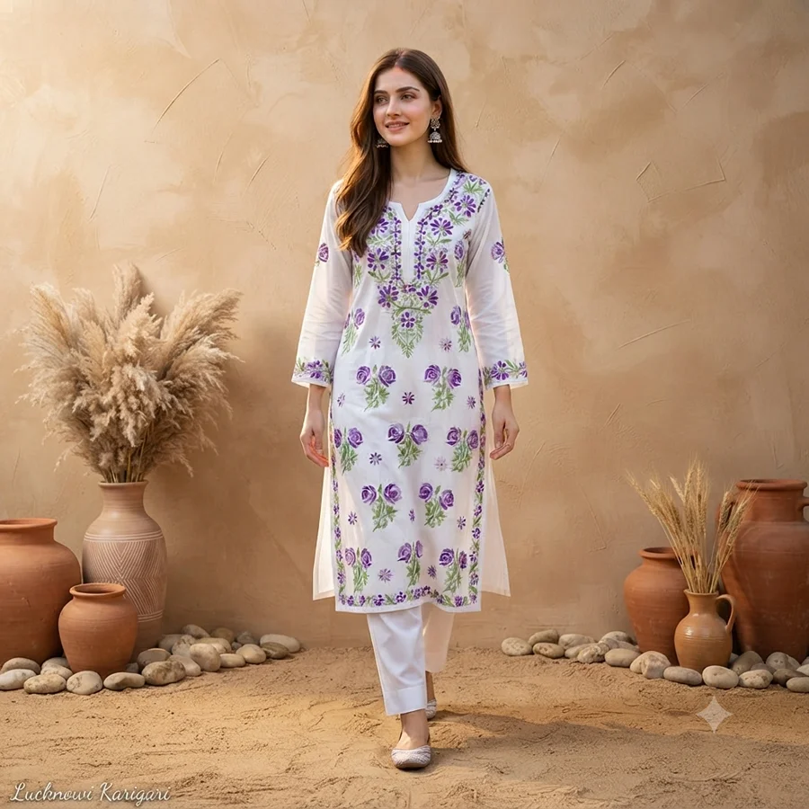 White Purple Rose work Kurta