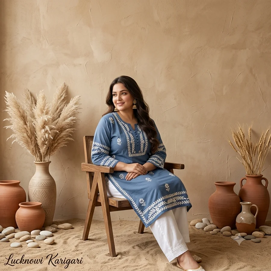 Gray Cotton Sleeve work  Kurti