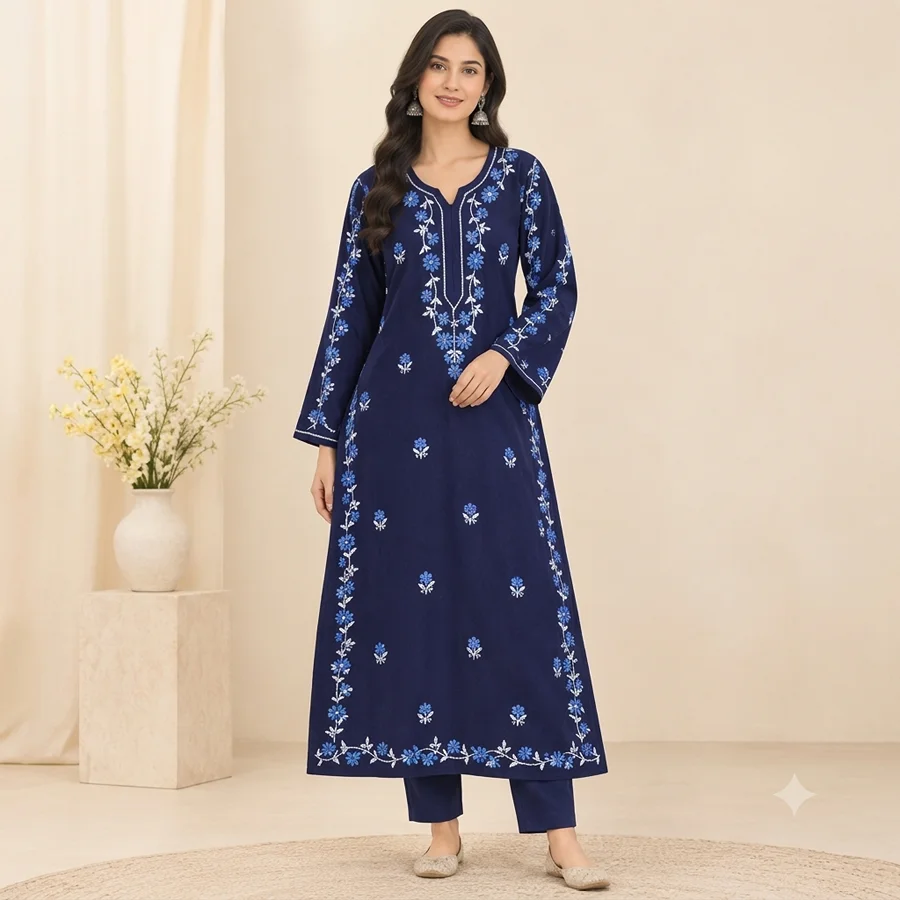 Nevy-Blue white Rayon sleeve patti kurta