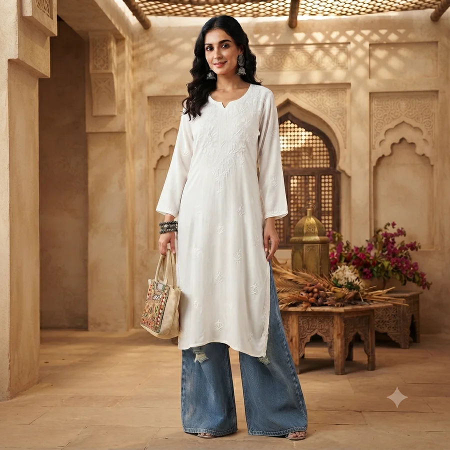 White on white-Rayon Kurta