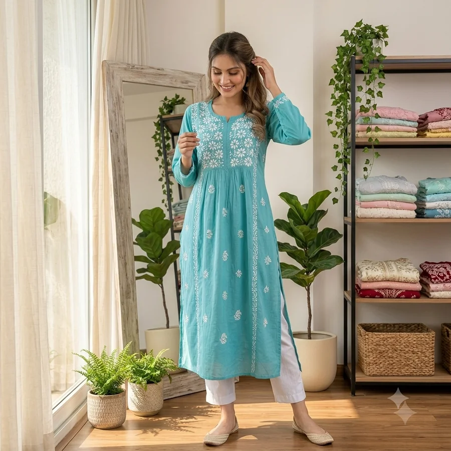 Aqua blue Naira Cut Malmal Kurta