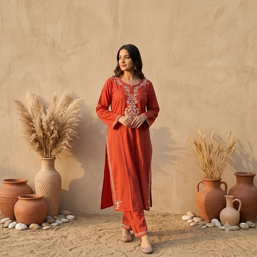 Orange Rayon Neck work Kurta with Bottom Set