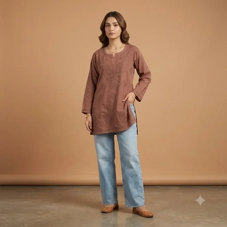 Brown Malmal Short Kurta Bakhiya work