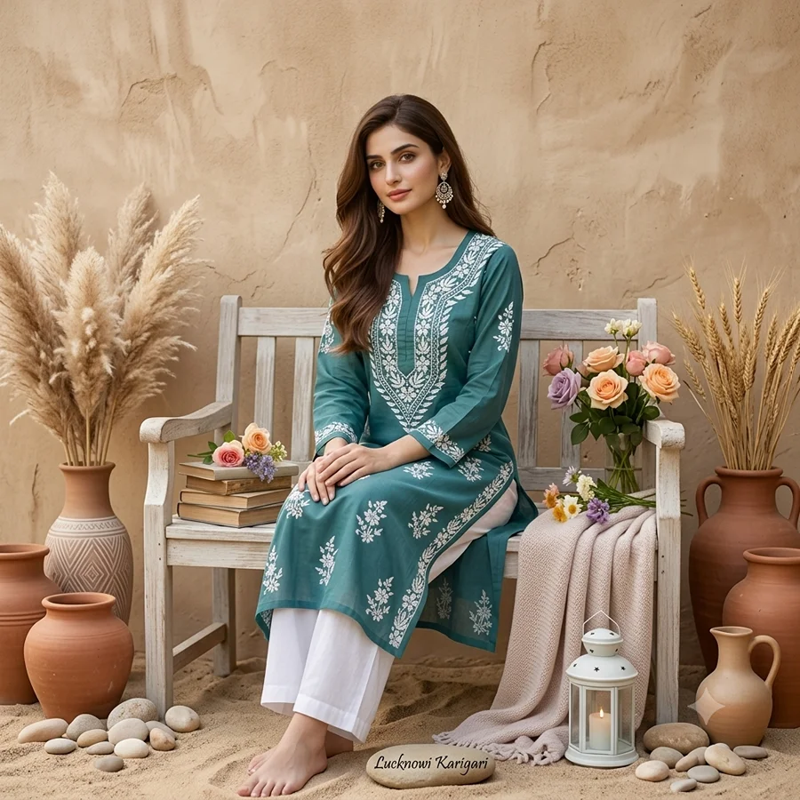Teal Green Rayon fabric Fancy Long Kurti
