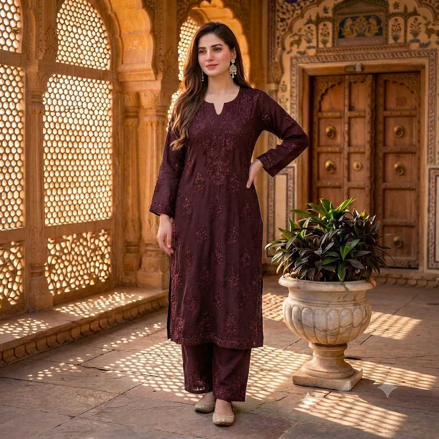 Brown Heavy Rayon kurta Set on Matching Embroidery