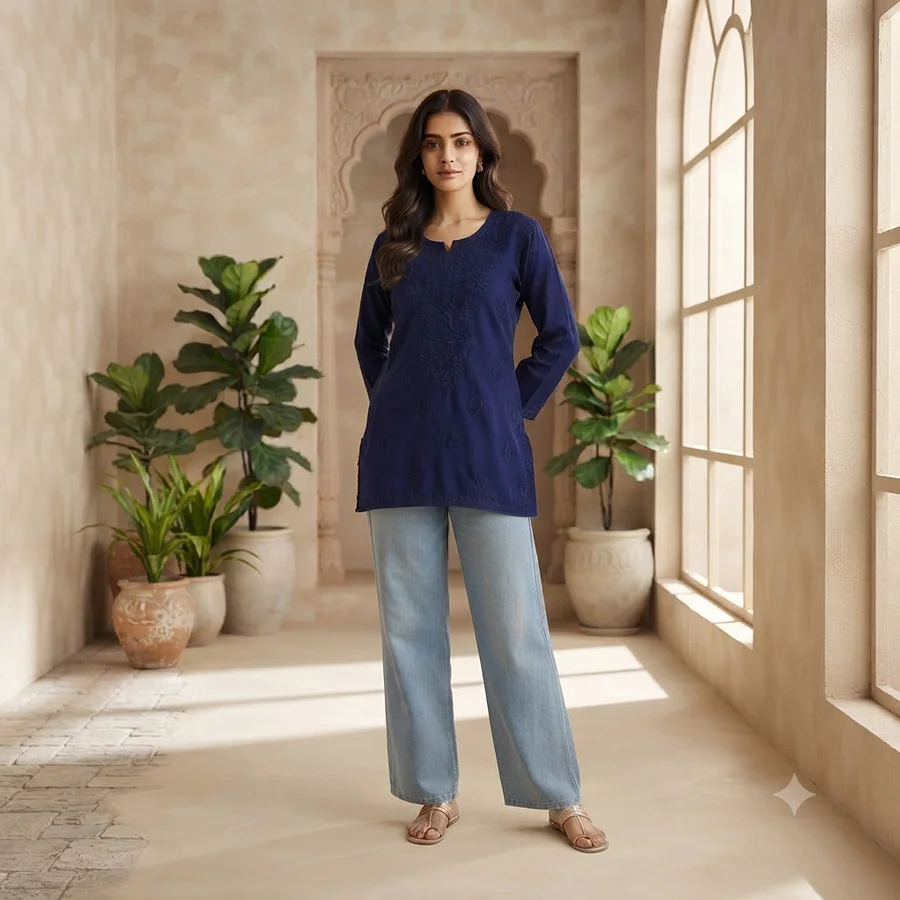 Nevy Blue Rayon Fabric Matching thread work Short Kurta
