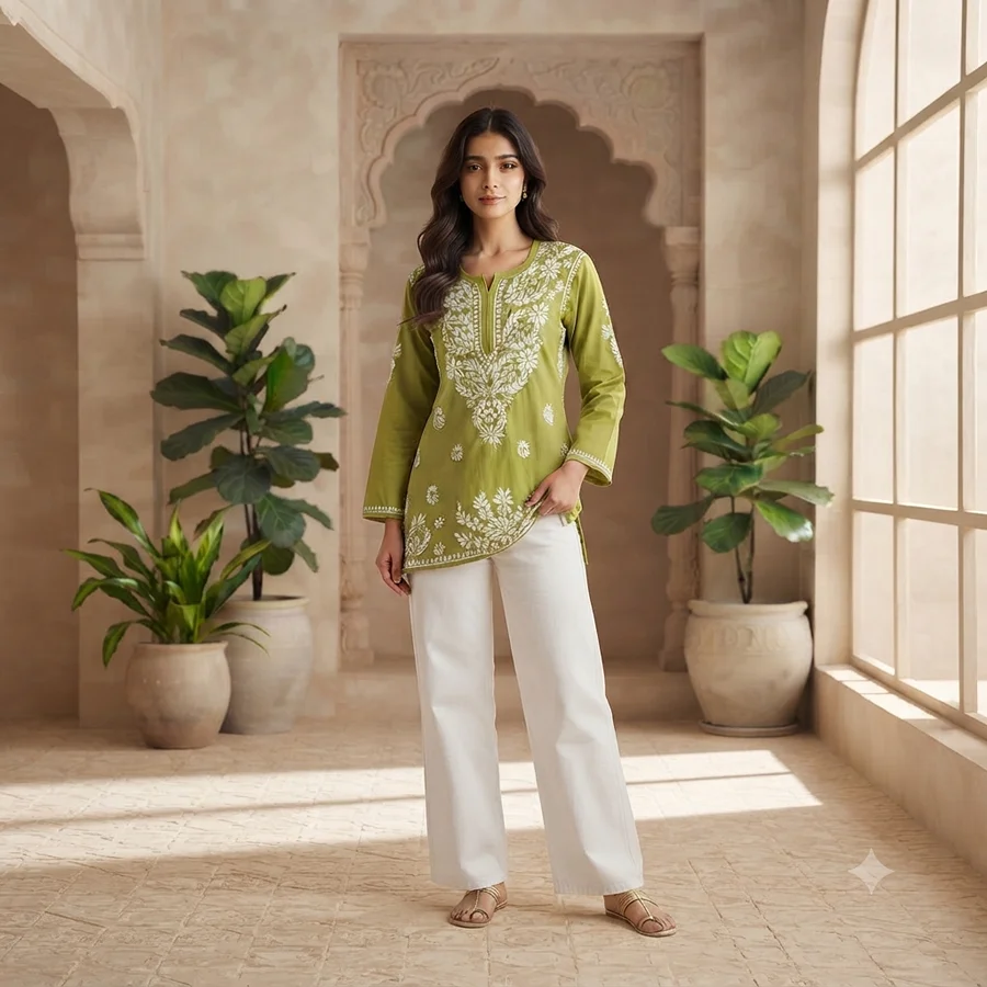 Pista Rayon Fabric Matching thread work Short Kurta