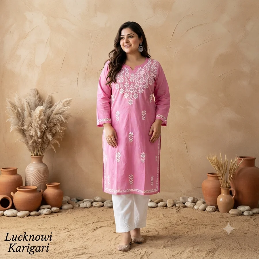 Cotton Full Neck Work Baby Pink Kurta