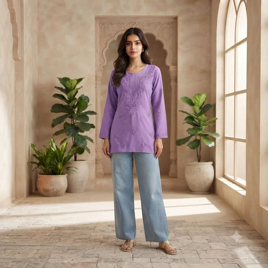 Voilet Rayon Fabric Matching thread work Short Kurta