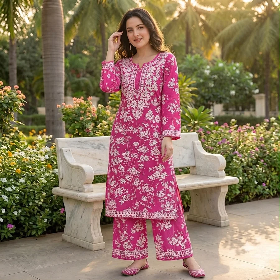 Pink Malmal Cotton Kurti with Pant Set