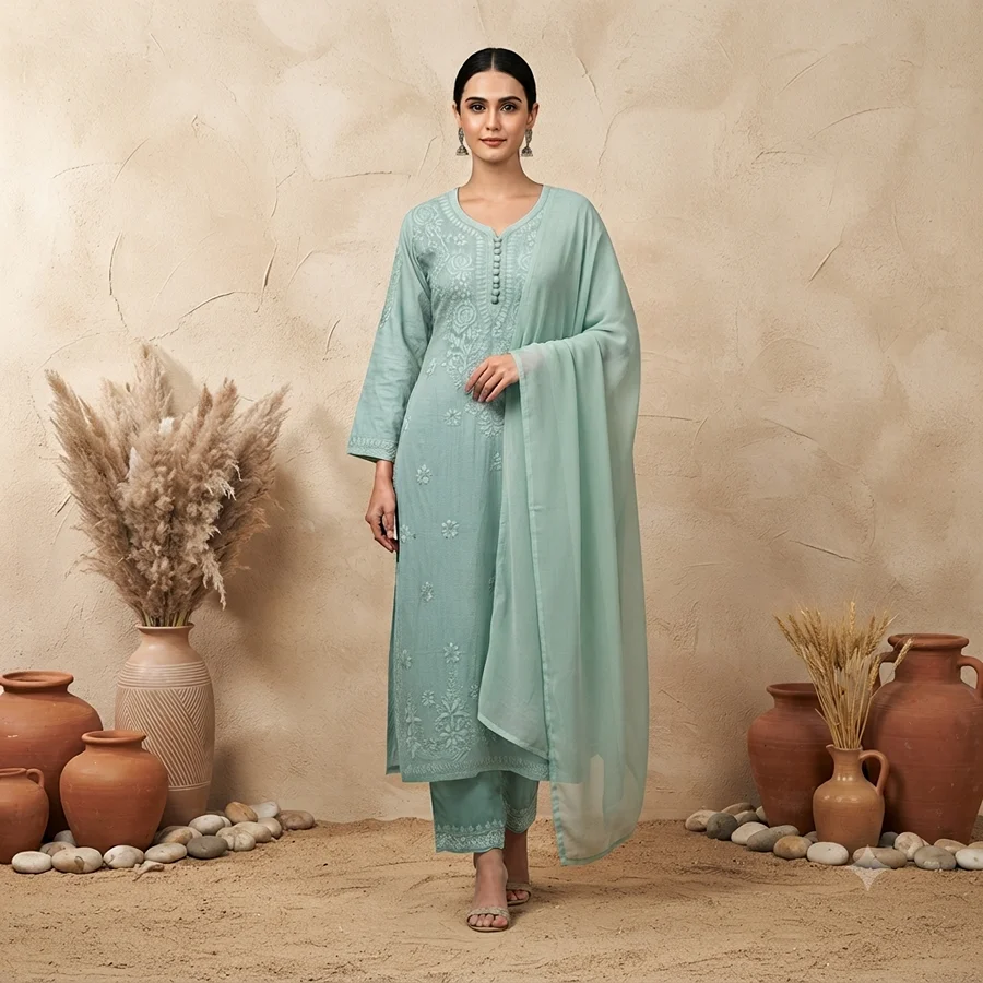 Teal Blue Ombre Shade -Cotton 3 Pcs Set