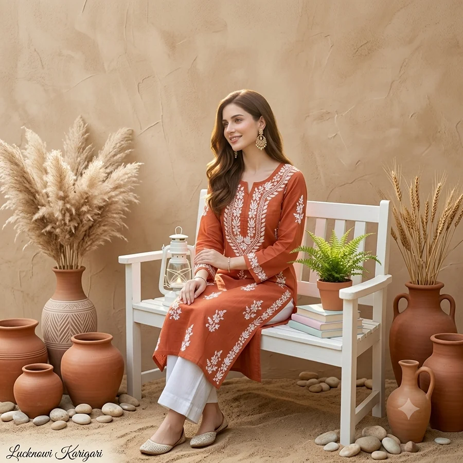 Fire Orange Rayon fabric Fancy Long Kurti