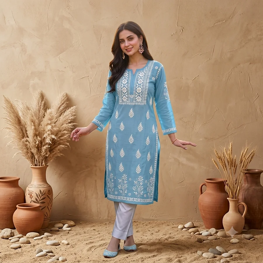 Powder Blue Rayon fabric Daman  Kurti