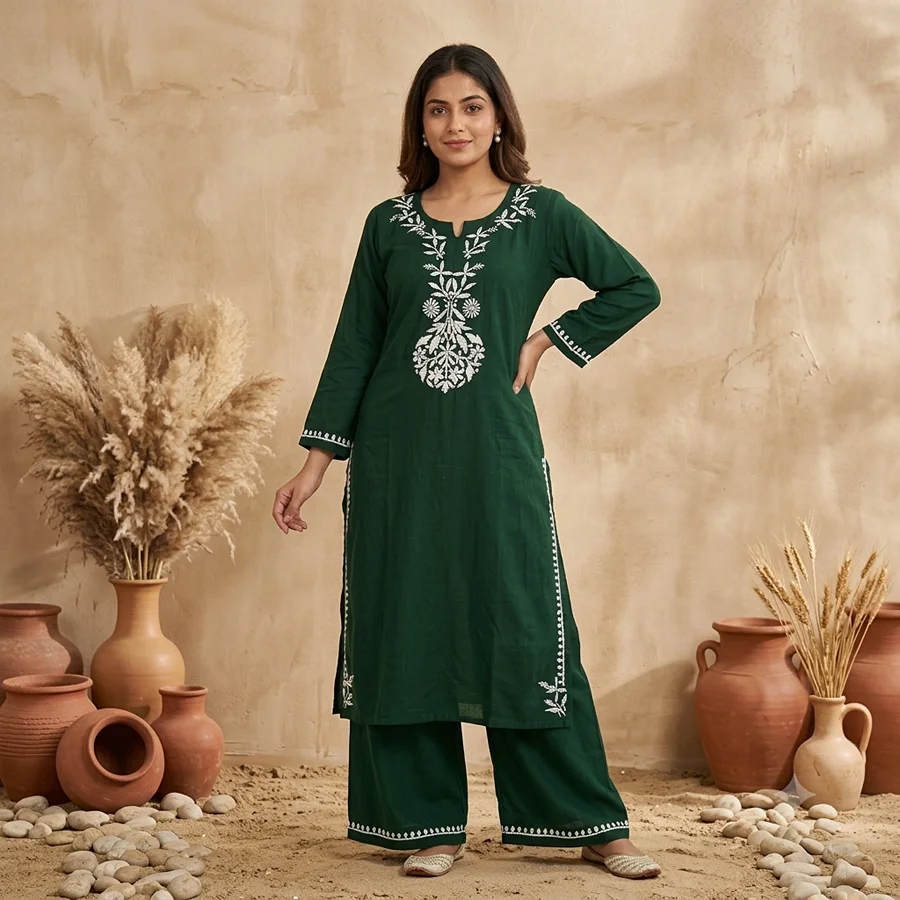 Bottel Green Rayon Neck work Kurta with Bottom Set