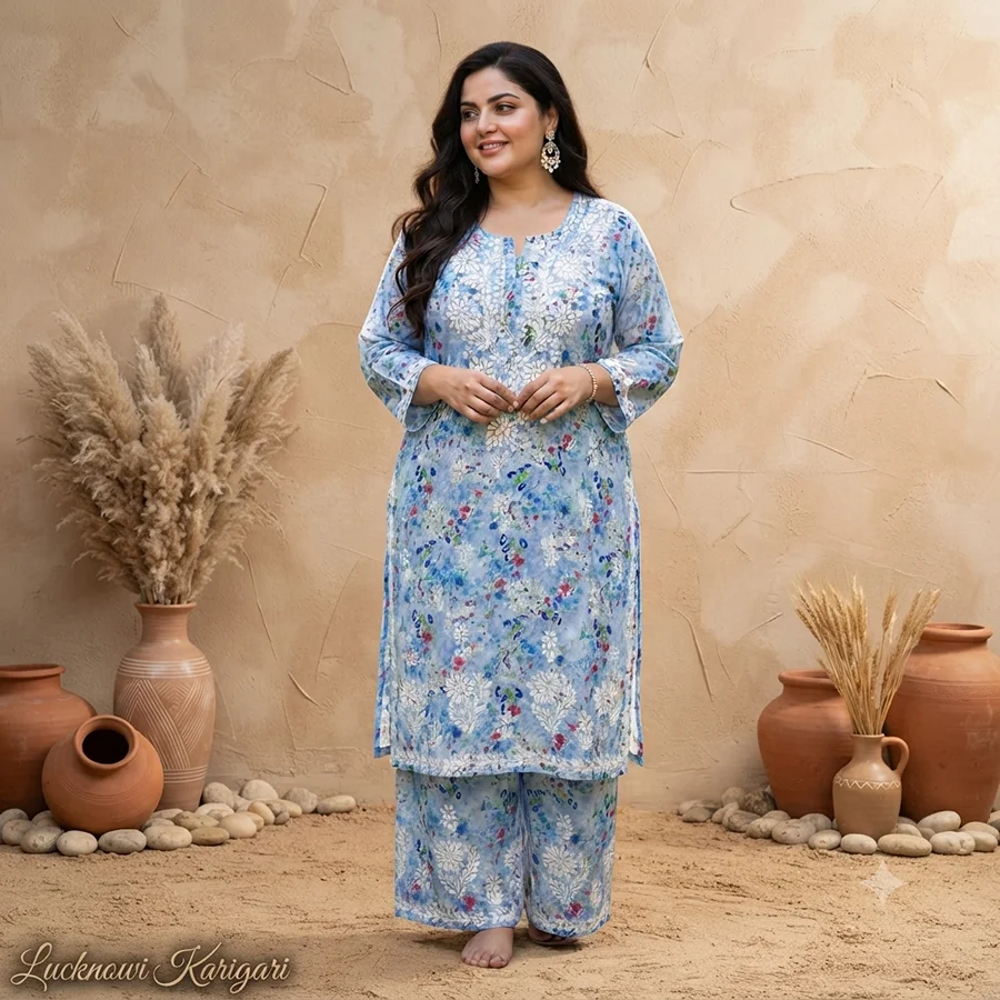 Blue Colour Cotton Fabric Palazzo Set