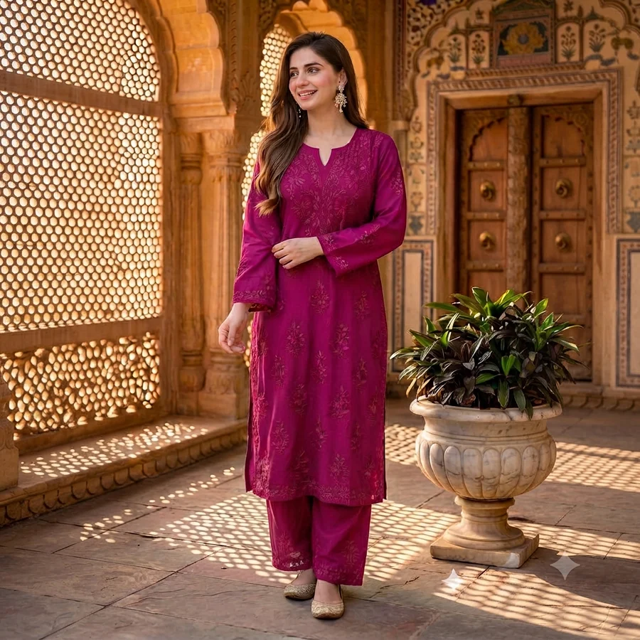 Magneta Heavy Rayon kurta Set on Matching Embroidery