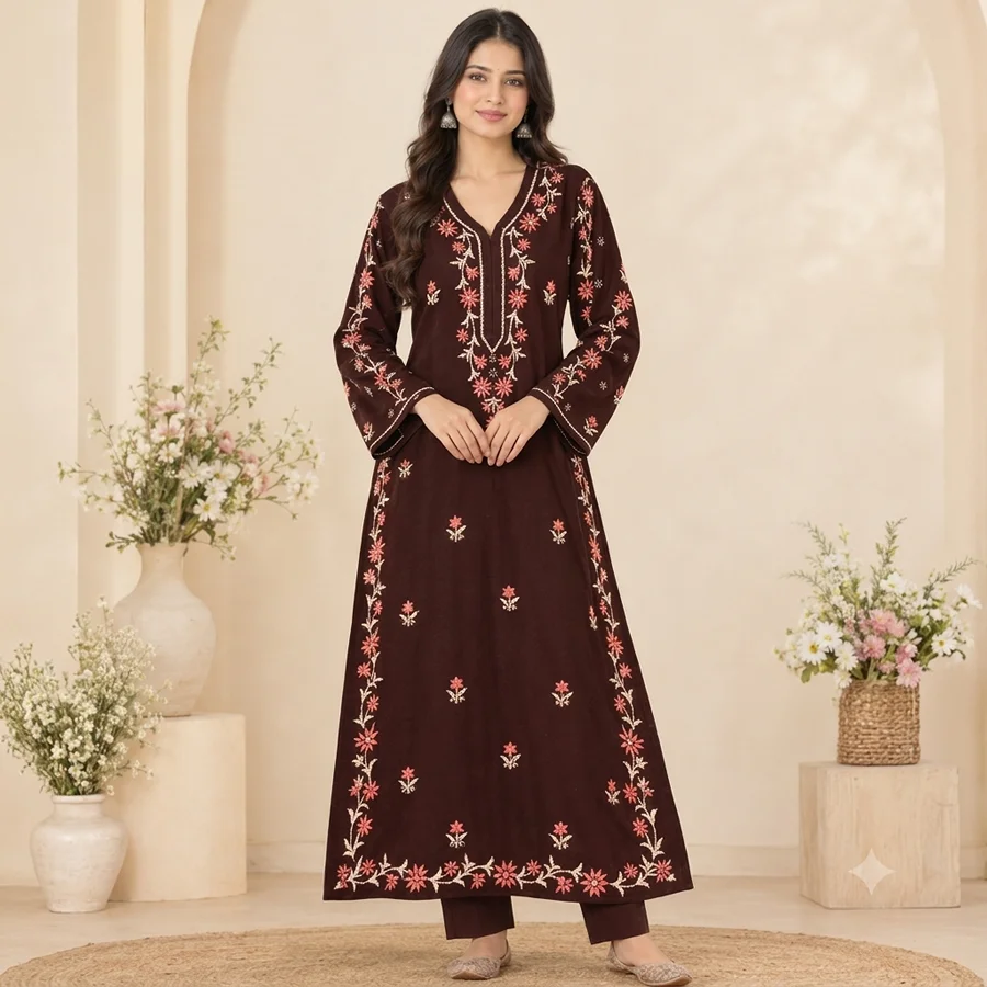 Brown-peach cream white Rayon sleeve patti kurta
