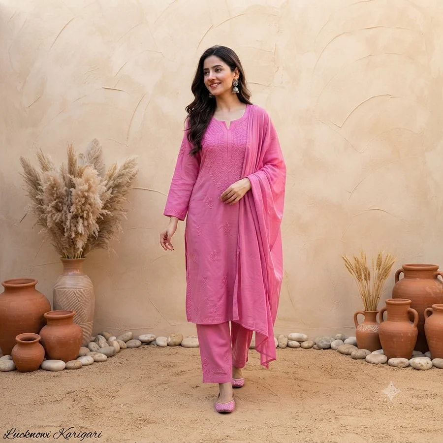 Pink Rayon Fabric 3 Pcs Set