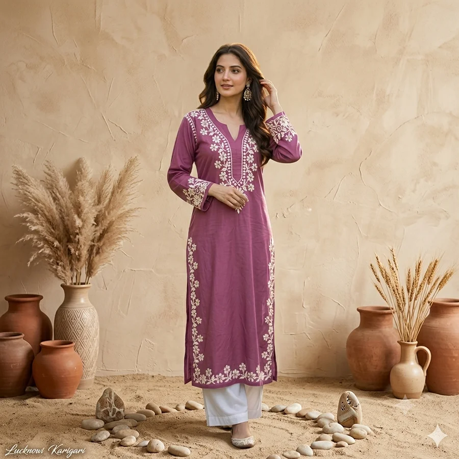 Mauve Rayon Fabric V Neck Kurta