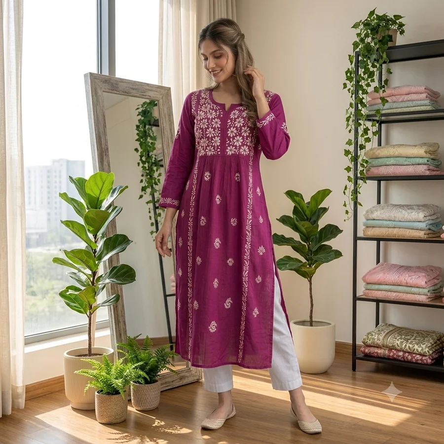 Magenta pink Naira Cut Malmal Kurta
