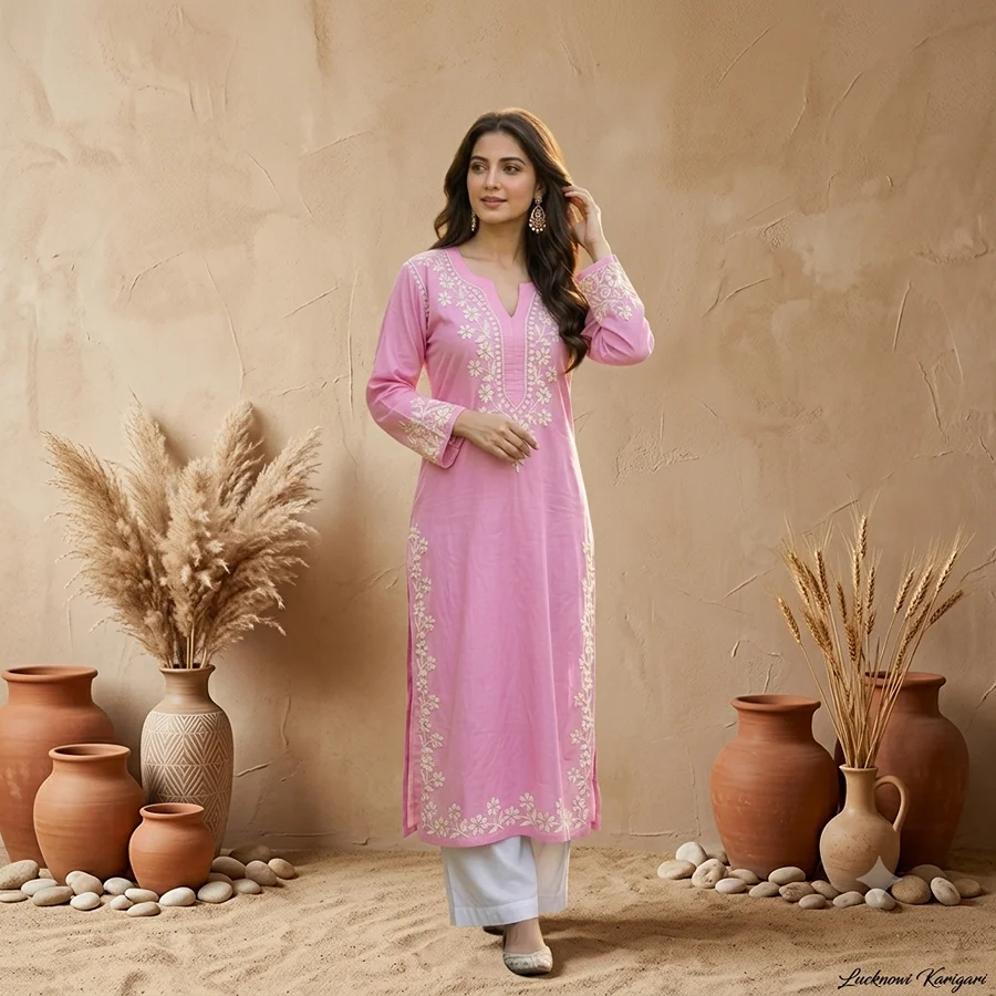 Baby Pink Rayon Fabric V Neck Kurta