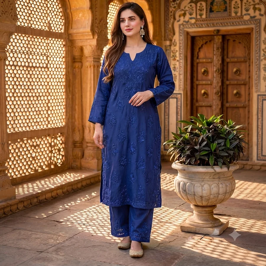 Navy Blue Heavy Rayon kurta Set on Matching Embroidery