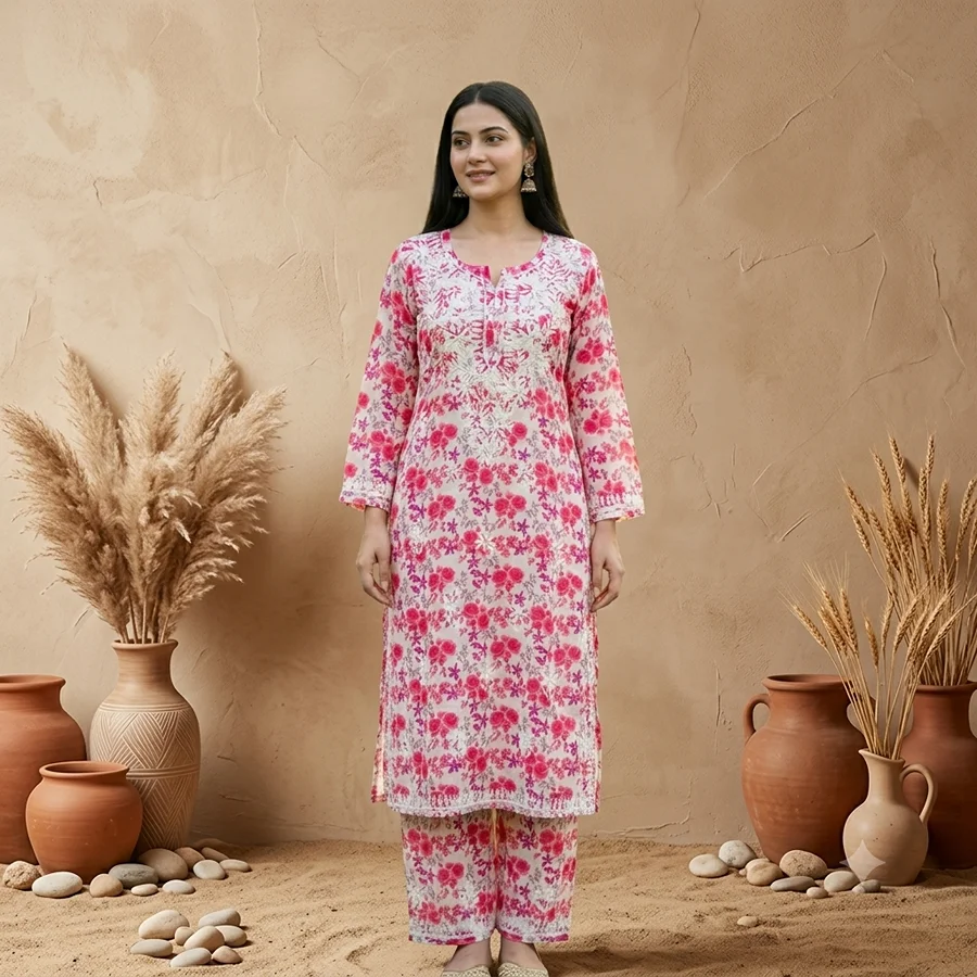White on Pink Multicolor Malmal Set Floral Print