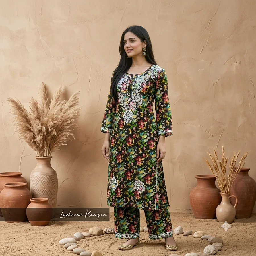 Black with Multicolor Malmal Set Floral Print