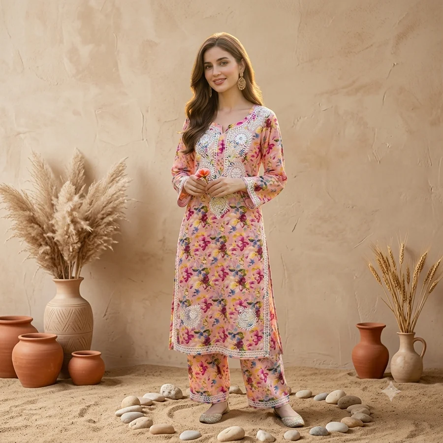 Blush Pink Multicolor Malmal Set Floral Print