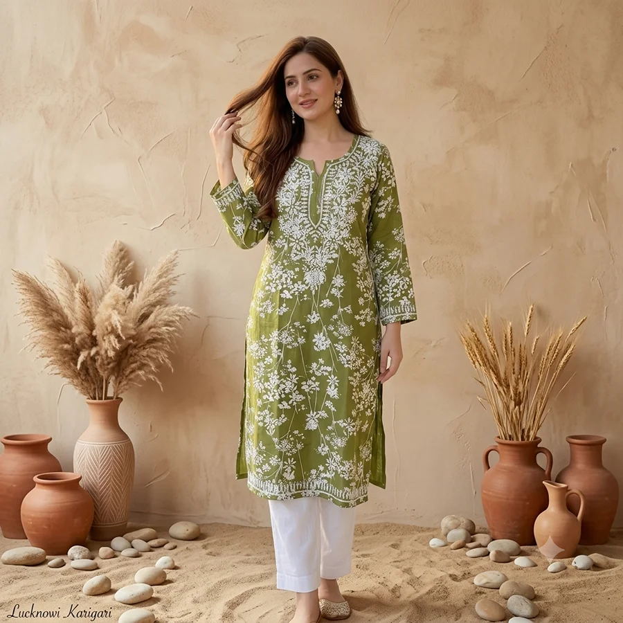 Malmal Cotton- Mehndi Green Kurti