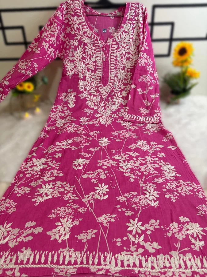 Pink Malmal Cotton Kurti with Pant Set - Image 2