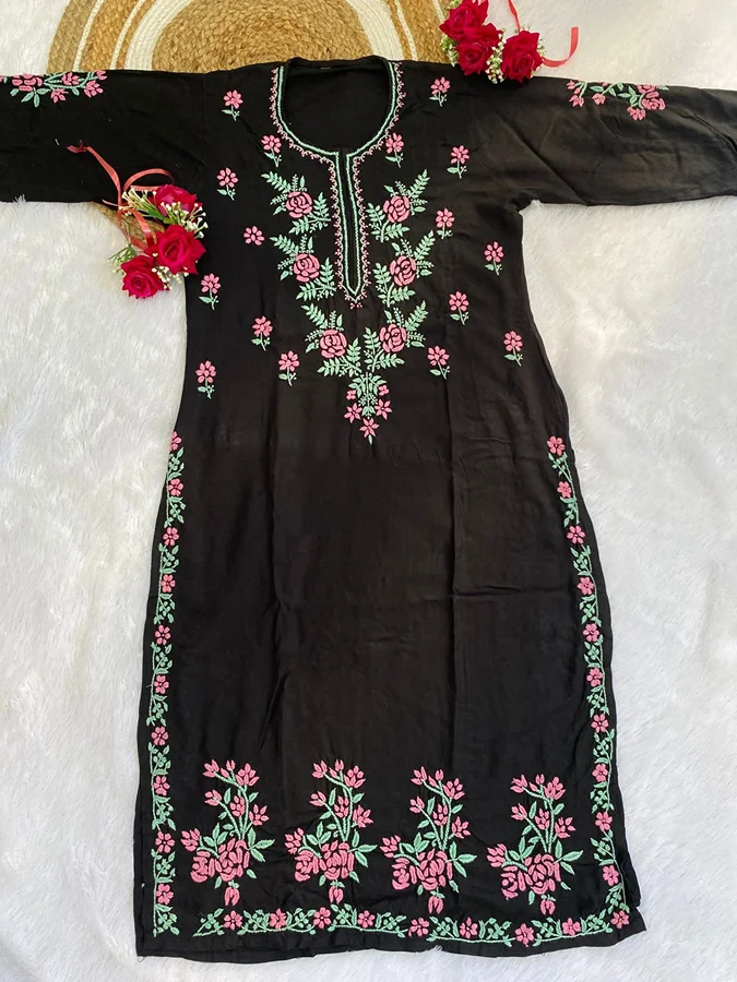 Black Pink Flower full on work Rayon Long Kurta - Image 2