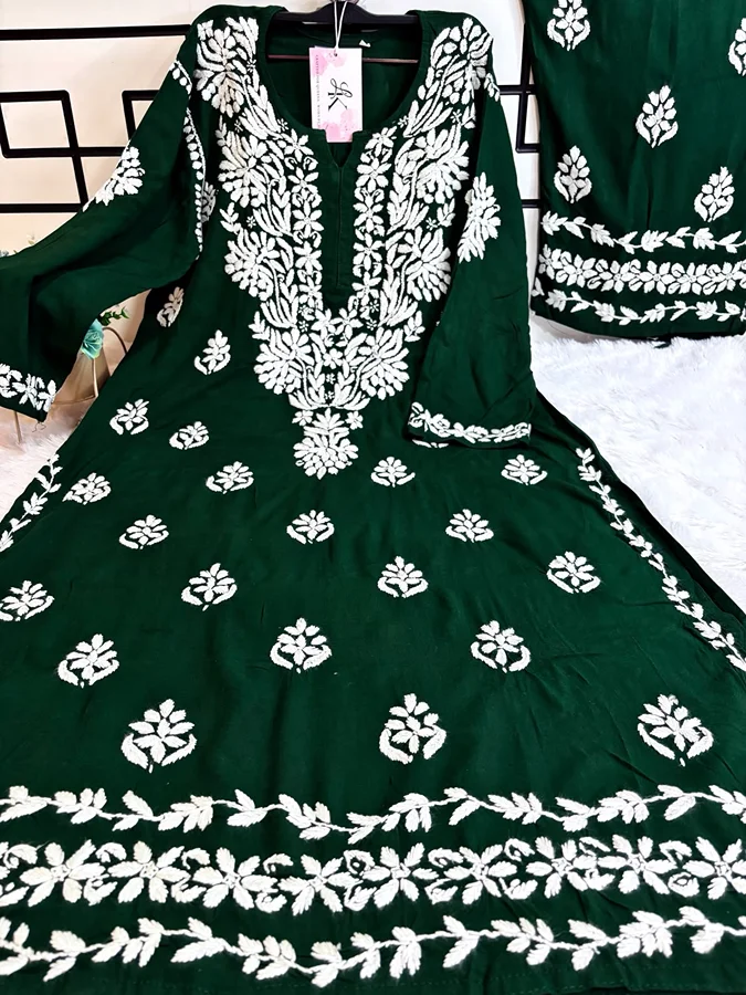 Bottle green Colour Rayon Fabric Bale work Kurta with Palazzo Set - Image 2