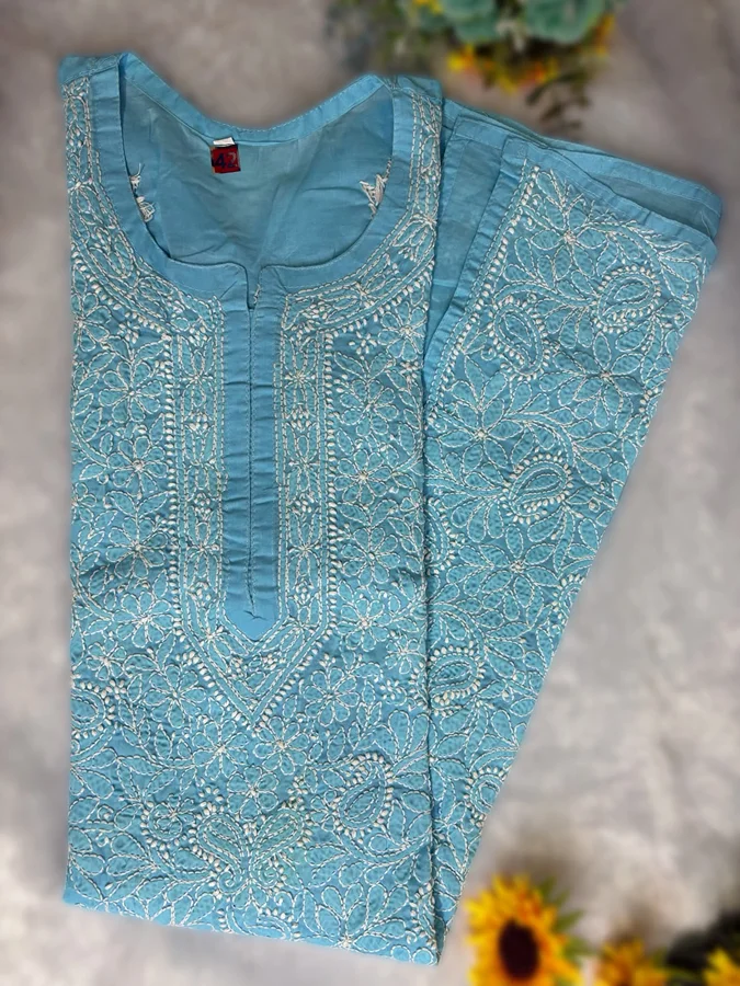Sky Blue Cotton Fabric-Full Jall work Kurti