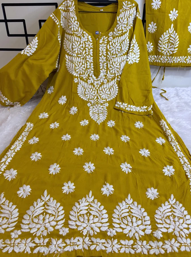 Plus Size Rayon Kurta with Palazzo Set in Musturd Color - Image 2