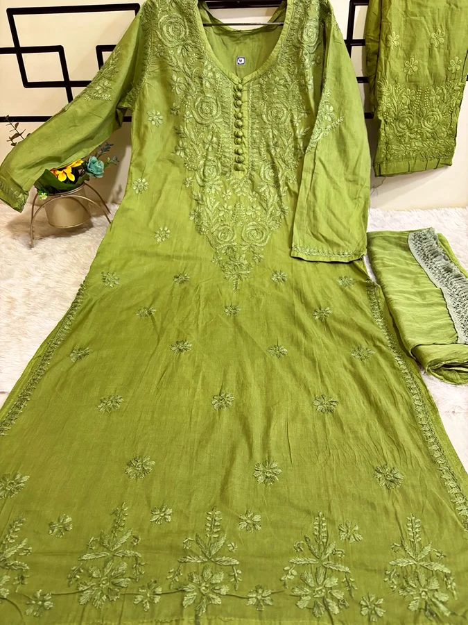 Mehndi Green Ombre Shade -Cotton 3 Pcs Set - Image 2