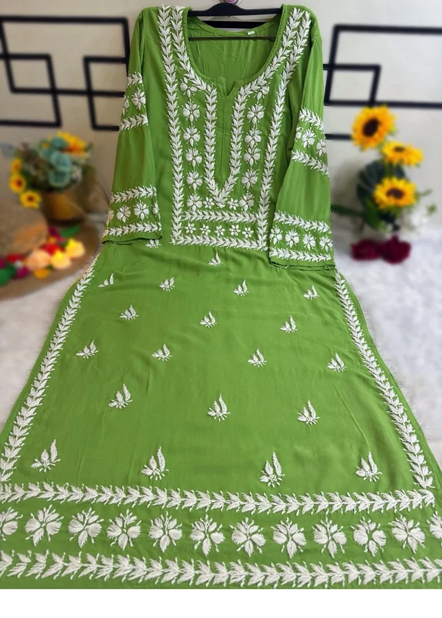 Green Rayon fabric Sleeve work Kurti - Image 2
