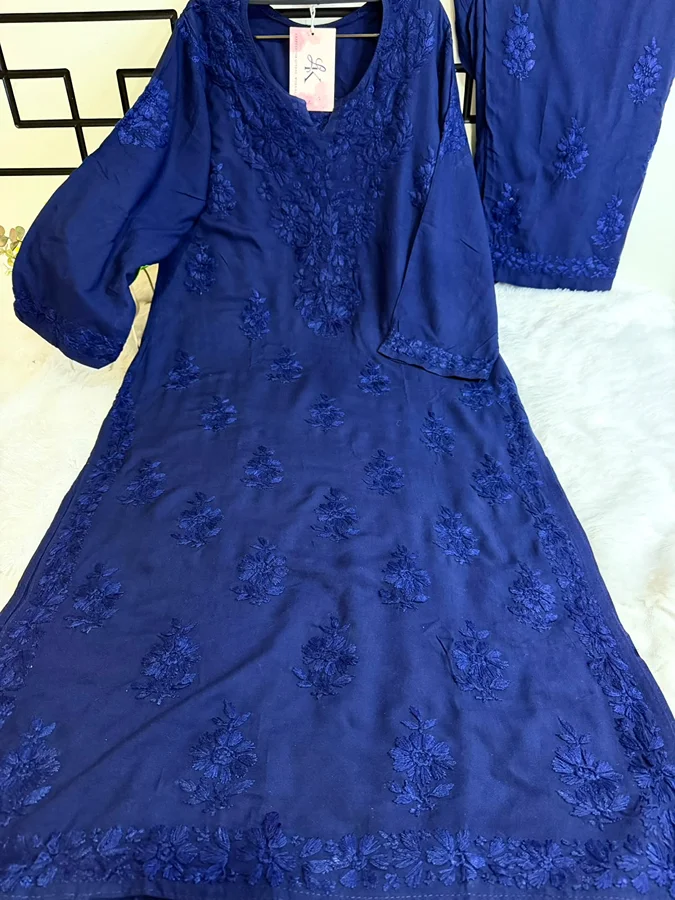 Navy Blue Heavy Rayon kurta Set on Matching Embroidery - Image 2