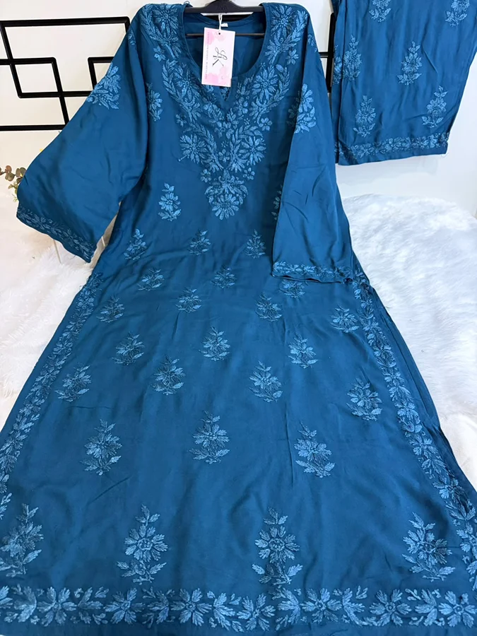 Teal Blue Heavy Rayon kurta Set on Matching Embroidery - Image 2