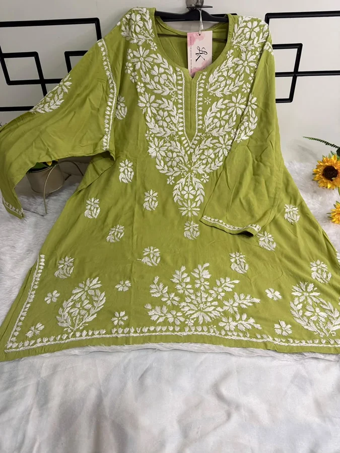 Pista Rayon Fabric Matching thread work Short Kurta - Image 2