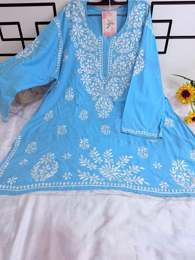 Sky blue Rayon Fabric Matching thread work Short Kurta - Image 2