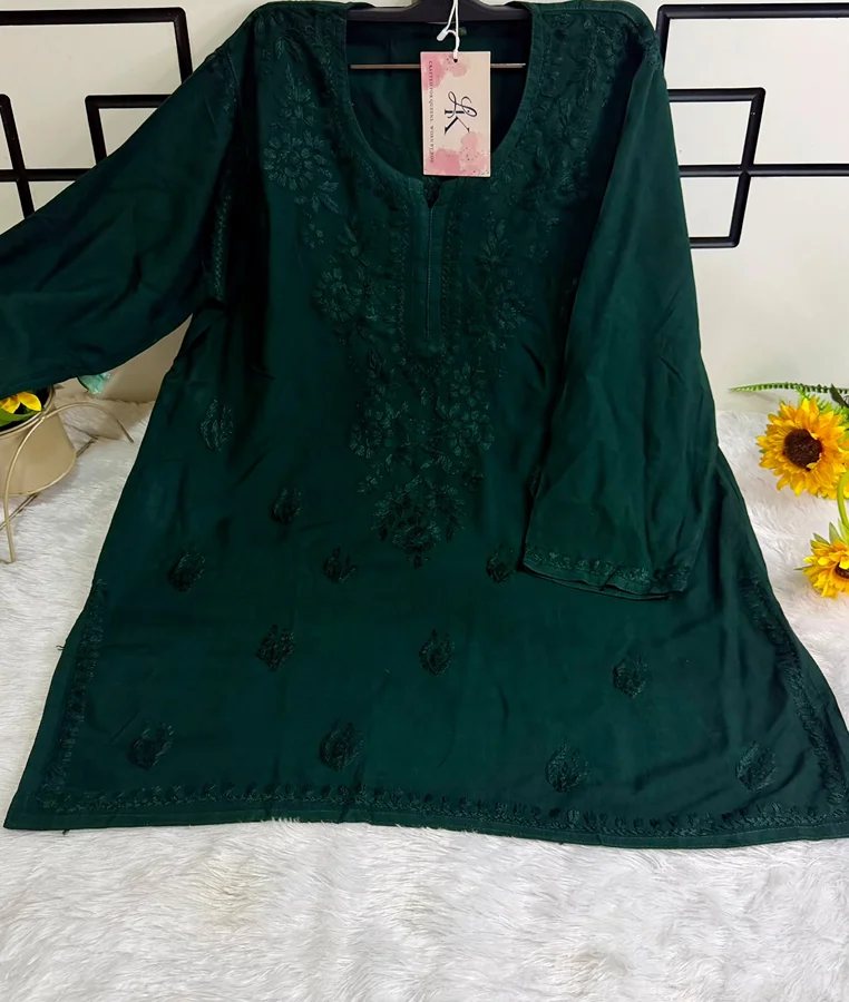 Teal Green Rayon Fabric Matching thread work Short Kurta - Image 2
