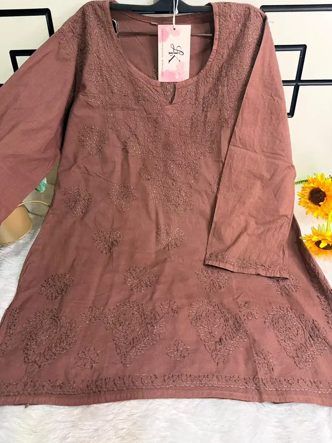 Brown Malmal Short Kurta Bakhiya work - Image 2