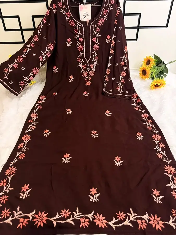 Brown-peach cream white Rayon sleeve patti kurta - Image 2